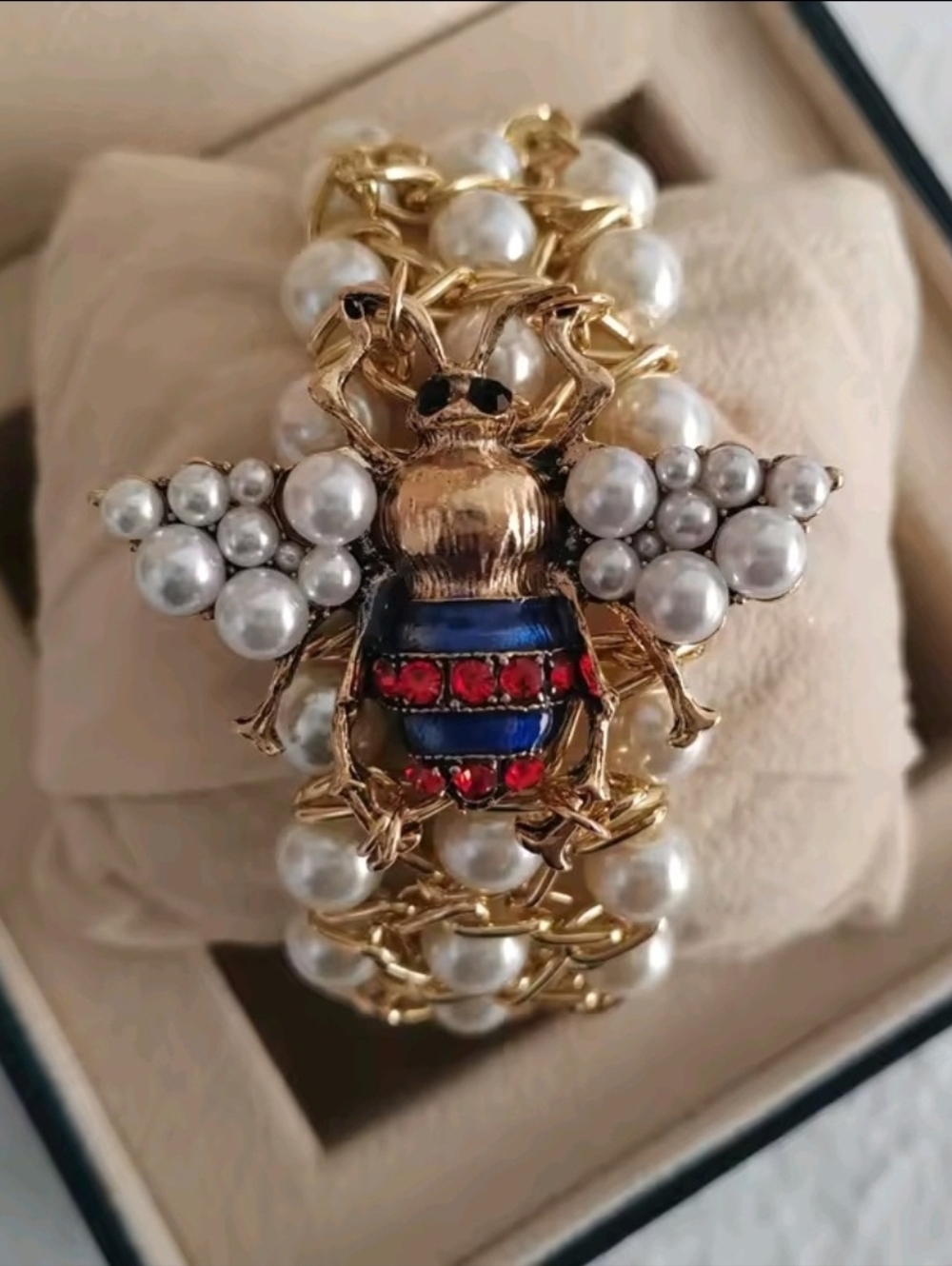 Gold Pearl Bee Bracelet with Red and Blue Accents - Picture 4 of 4